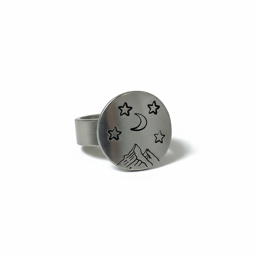 Handmade stamped celestial silver tone hypoallergenic adjustable medallion Ring